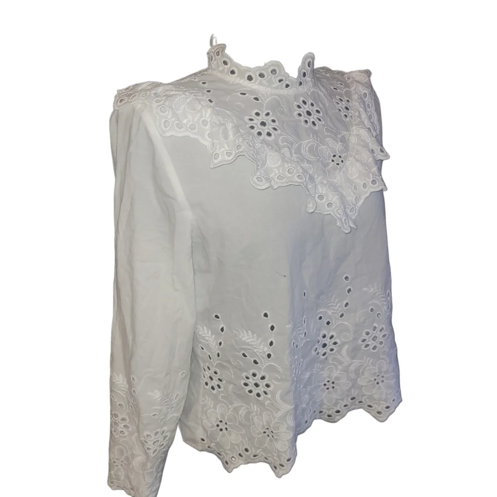 Zara Basic Elegant White Embroidered  Ruffle Detail Top Size L - Picture 3 of 7